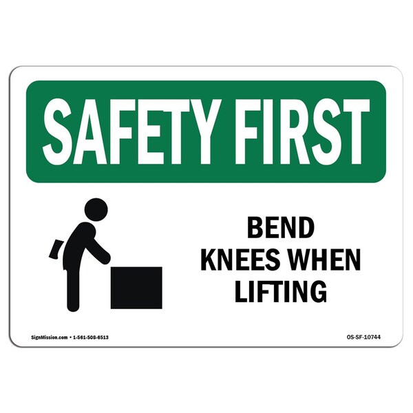 OSHA Sign, Bend Knees When Lifting, 5in X 3.5in Decal, 10PK, 3.5" W, 5" L, Landscape, PK10